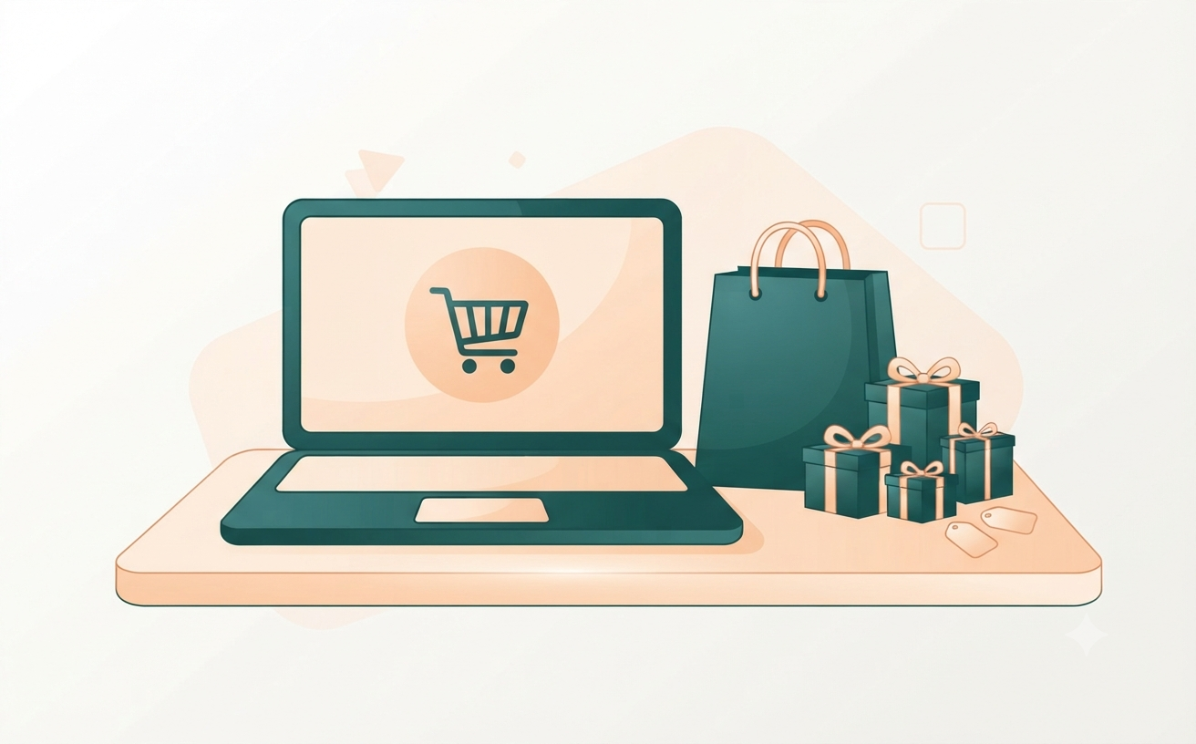 Laptop with shopping cart icon, a shopping bag, and gift boxes