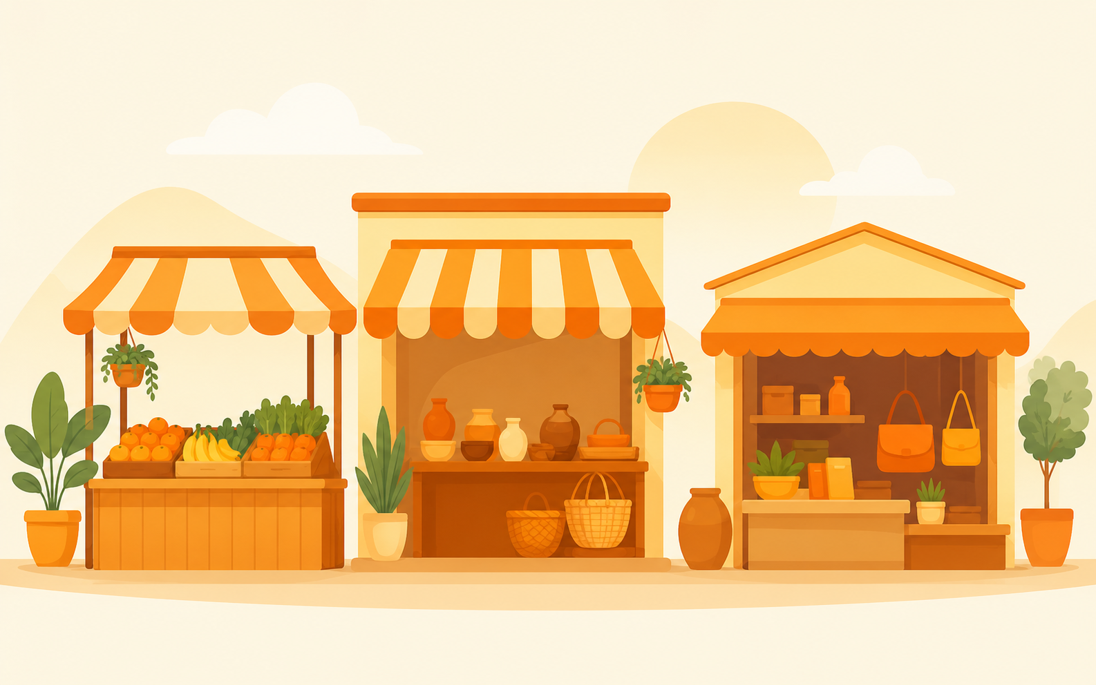 Illustrated market stalls with vendors selling produce, goods, and baked treats